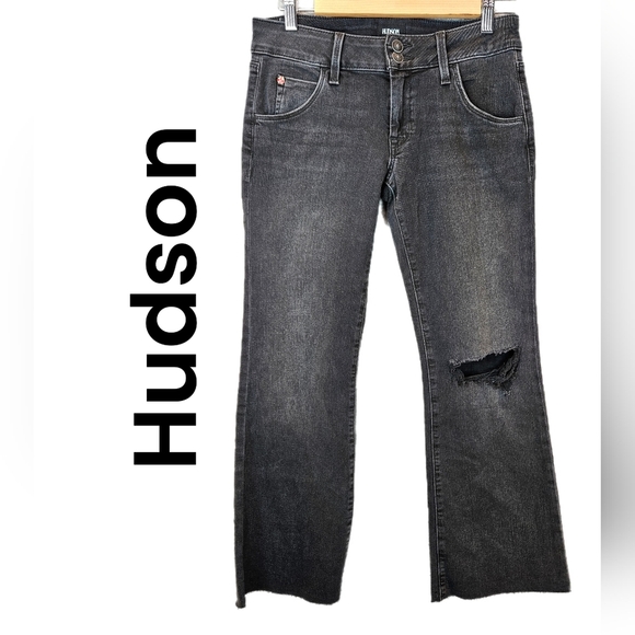 Hudson Womens Collin Midrise Bootcut Cropped Raw Hem Black Jean Sz 27 Distressed - Picture 1 of 12